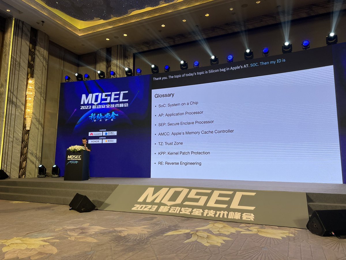 MosecOfficial's tweet photo. 4th topic of #MOSEC2023

Wei Wang is giving his talk - "A Silicon Bug in Apple's A7 SoC" https://t.co/Uu9qEONhge