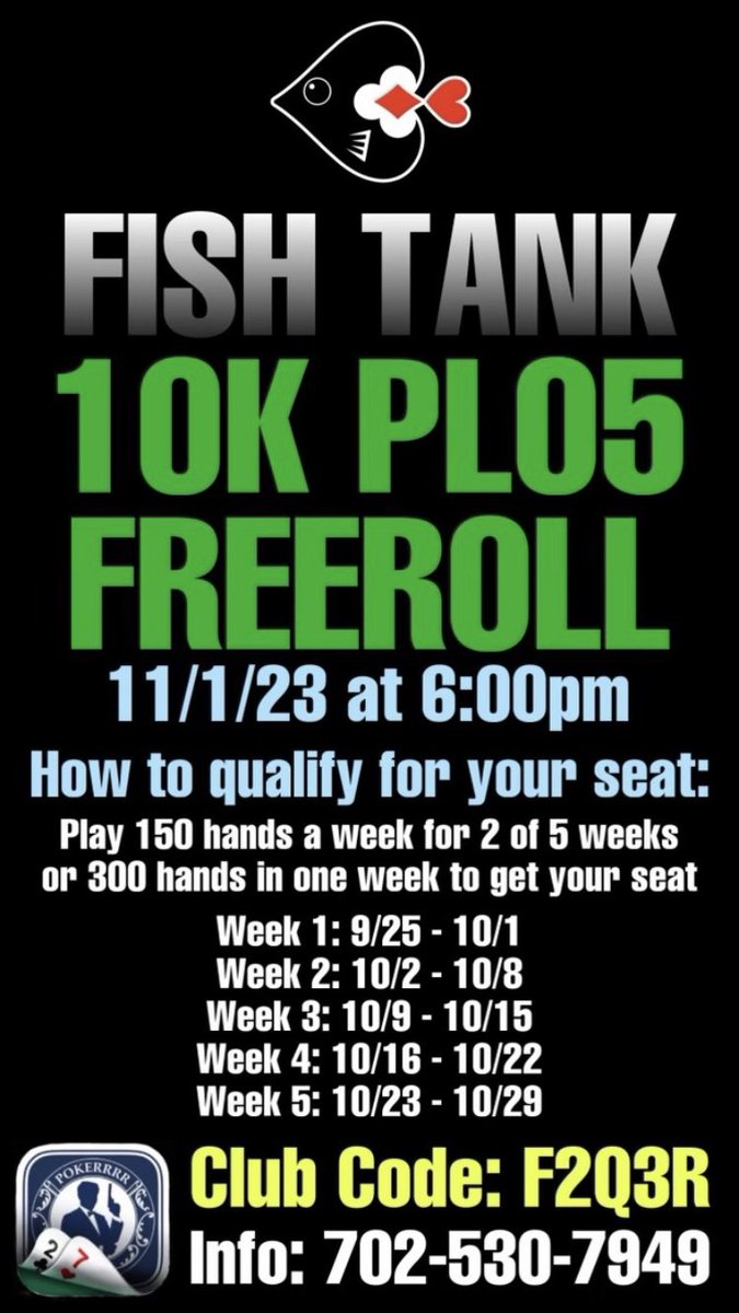 TheFishTankRGV's tweet photo. 🚨10,000 FREEROLL🚨

Club Code: F2Q3R 
Text: 702-530-7949
Telegram: @ TheFishTank

#pokeronline #poker #pokerrrr2 #pokerplayer https://t.co/xcYV9jT3rD