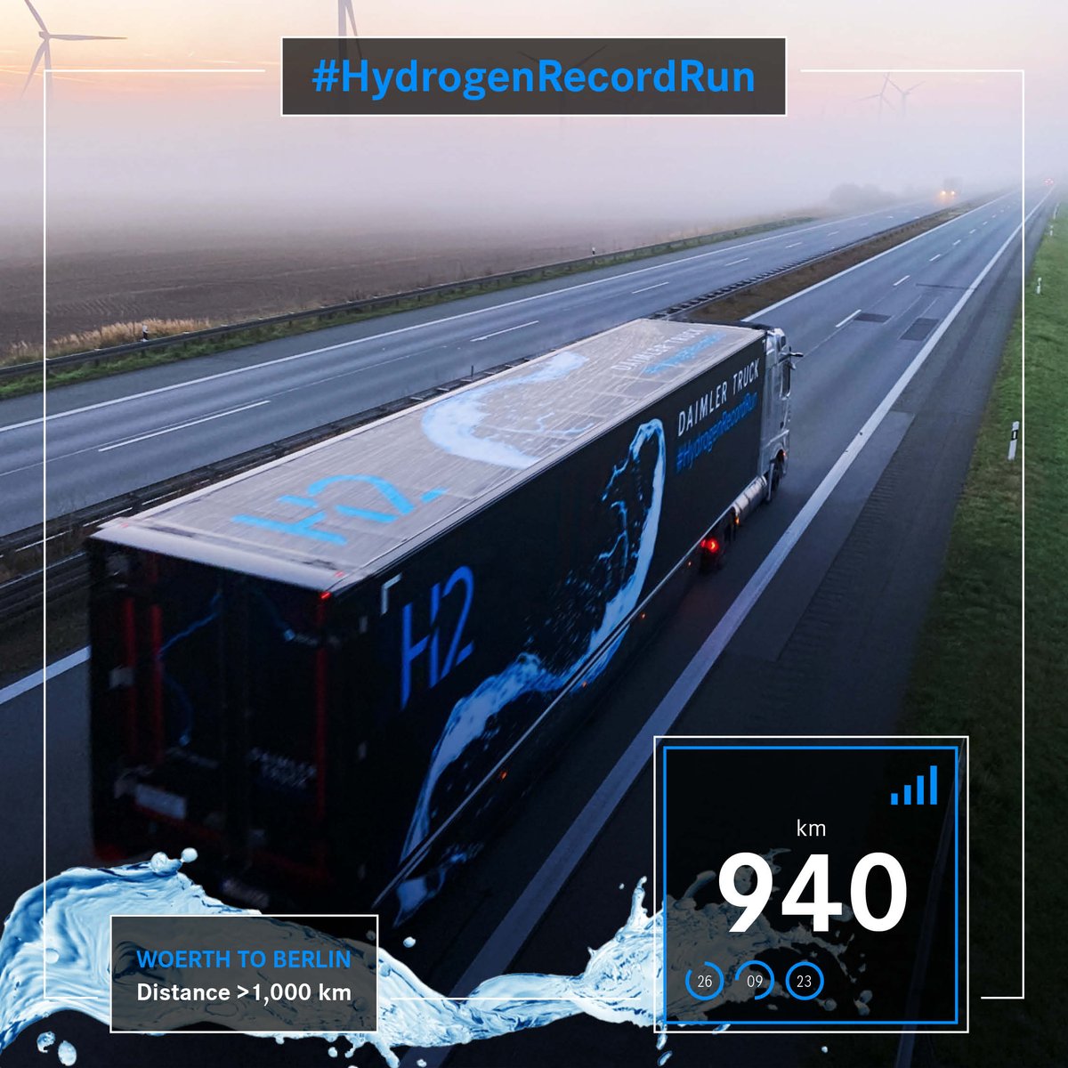 DaimlerTruck's tweet photo. Sunrise in Brandenburg. That’s the finishing straight: less than 100 km to Berlin! #HydrogenRecordRun 🚛🏅
#MovingForward #FuelCellTruck #HydrogenTruck #FuelCell #FutureMobility #GreenMobility #Sustainability #DaimlerTruck #FutureMoves https://t.co/NCXTa9dT8J