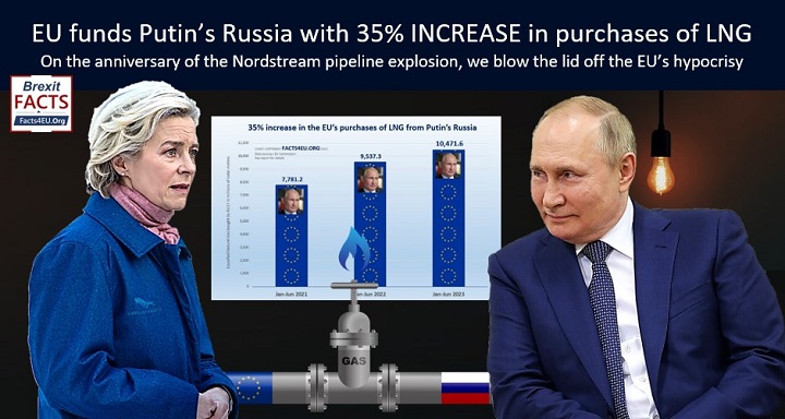 Facts4euOrg's tweet image. EXCLUSIVE: EU funds Putin’s Russia with 35% INCREASE in purchases of LNG.
Russia is now EU’s second-largest supplier of Liquefied Natural Gas. On 1st anniversary of pipeline explosion, we blow lid off EU’s hypocrisy.
#Brexit summary : facts4eu.org/news/2023_sep_…
And please retweet!