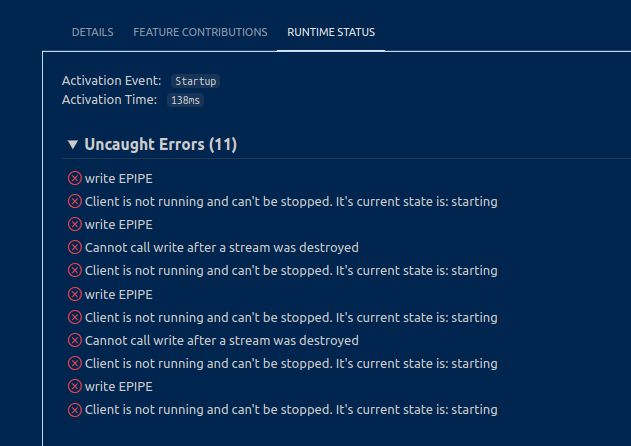 daertml's tweet photo. @LucSGeorges New behavior is happening (as I have closed vscode and reopened): "Client is not running" error at the right down corner of my vscode; it appears each time I write a character in the document. Somehow, the API server is running.
Also, found this log: https://t.co/re1uotUSq1