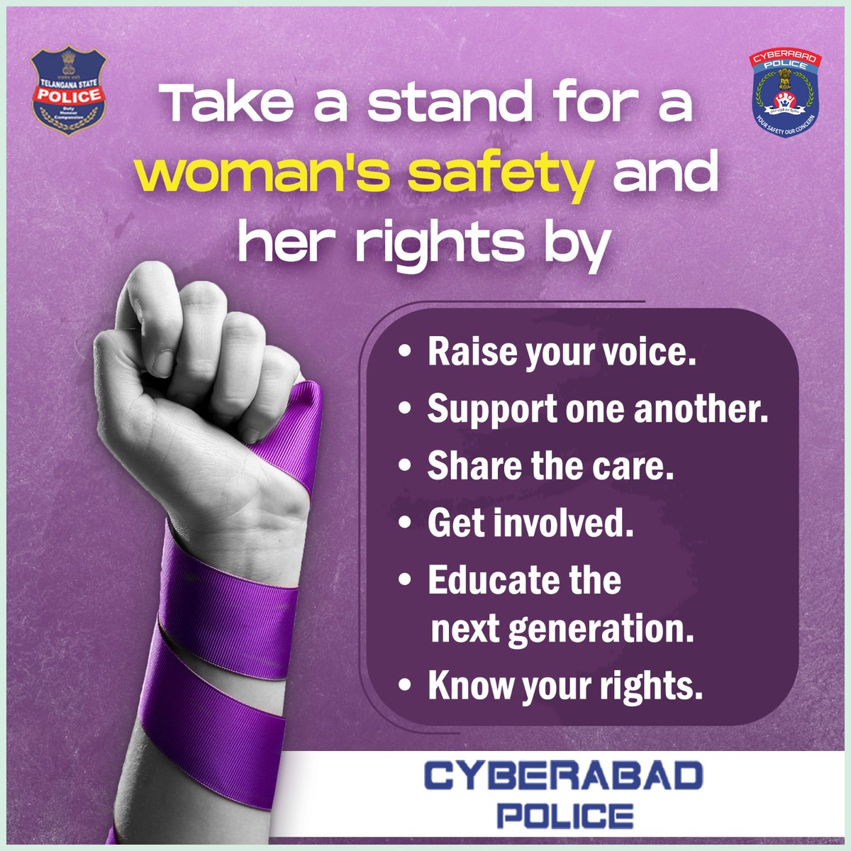 Take a stand for a woman's safety and her rights. More importantly, educate the girl.

#WomenSafety #WomanRights #WomenEmpowerment #CyberabadPolice