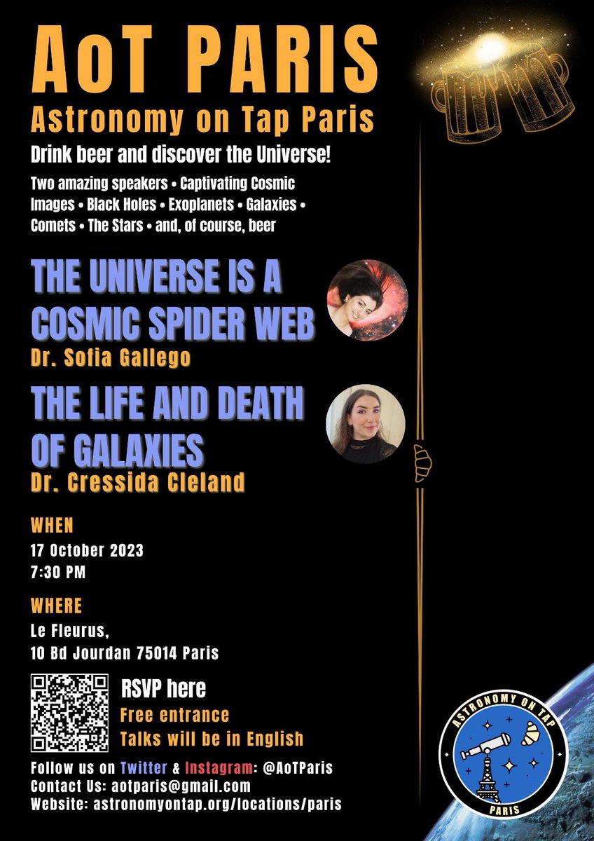 AoTParis's tweet photo. 📢📢📢 The very first AoTParis event will take place on 17 October 2023, 7:30PM, at Le Fleurus (10 Bd Jourdan, near CiteU). Many thanks to @nefinia and @AstroCress for being the first speakers! Spread the word and Venez nombreux!💫💫💫🤩🤩🤩 @astronomyontap https://t.co/7bEQ40hEqc