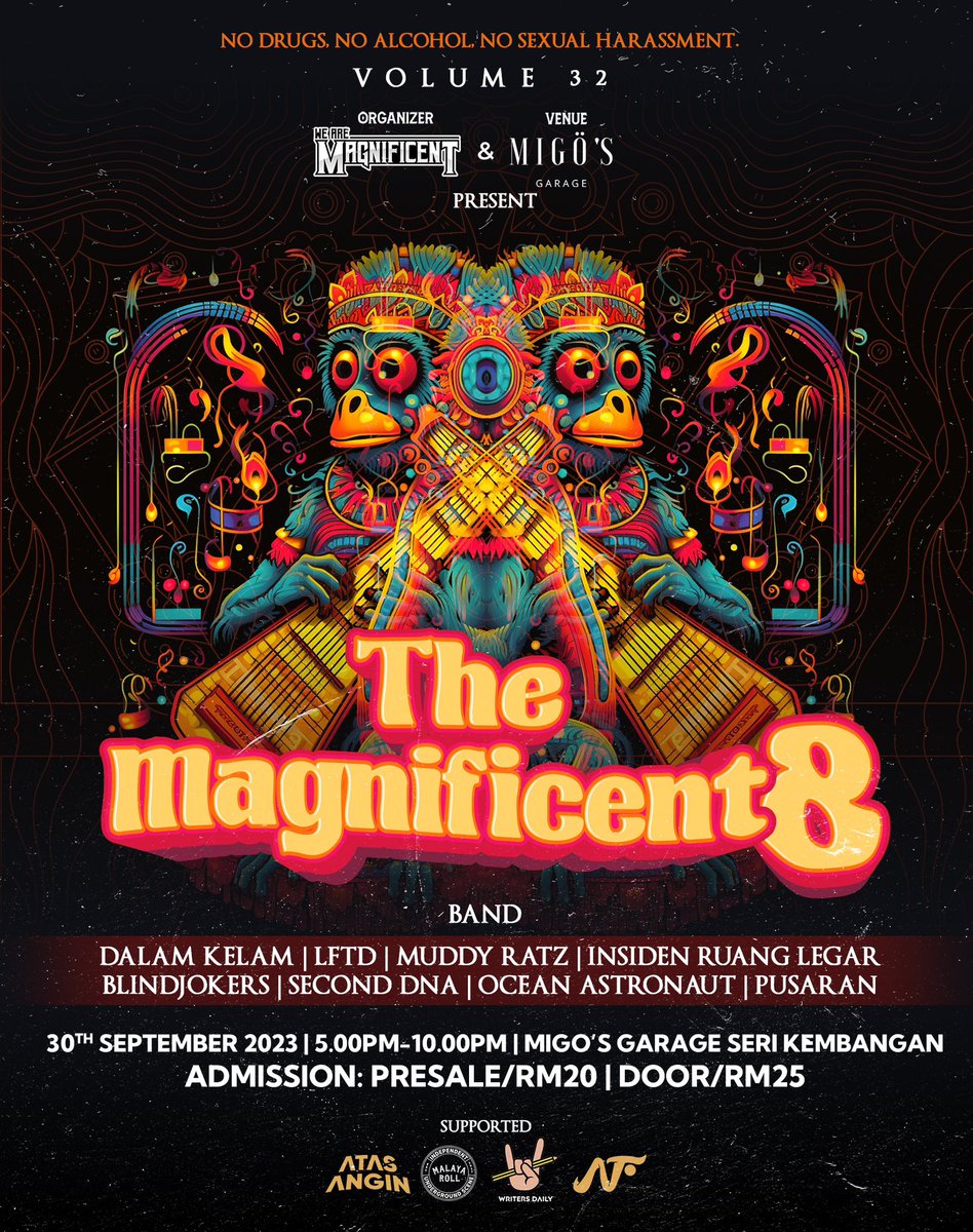 THE MAGNIFICENT 8 VOL 32

🗒️ 30 September 2023
📍 Migo's Garage Seri Kembangan

Dalam Kelam, LFTD, Muddy Ratz, Insiden Ruang Legar, Blindjokers, Second DNA, Ocean Astronaut, Pusaran

🎟️ RM20, RM25