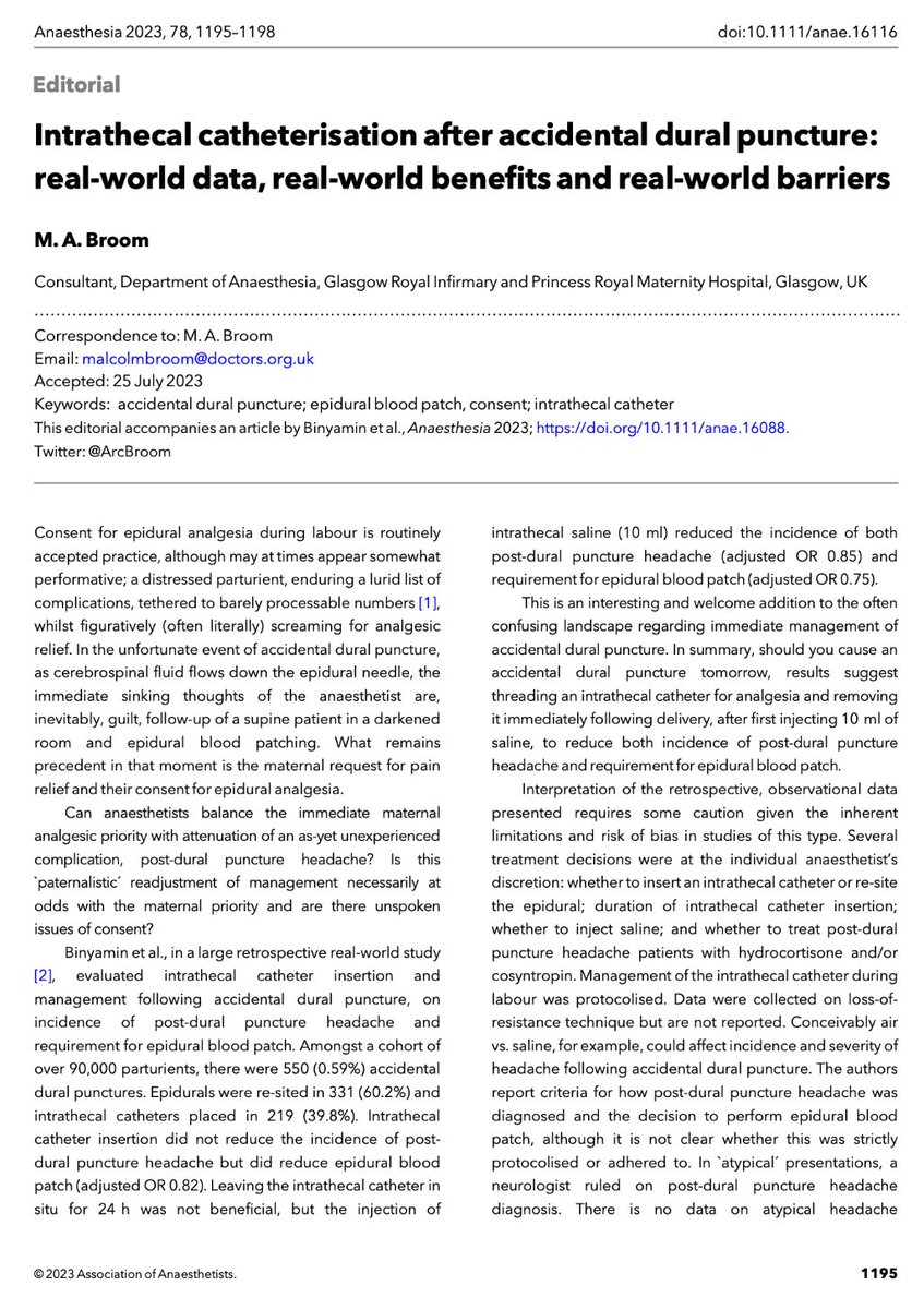 🔓Intrathecal catheterisation after accidental dural puncture: real-world data, benefits and barriers. @ArcBroom asks, should we add consent for labour analgesia with an intrathecal catheter, in the event of accidental dural puncture? 🔗…-publications.onlinelibrary.wiley.com/doi/10.1111/an…