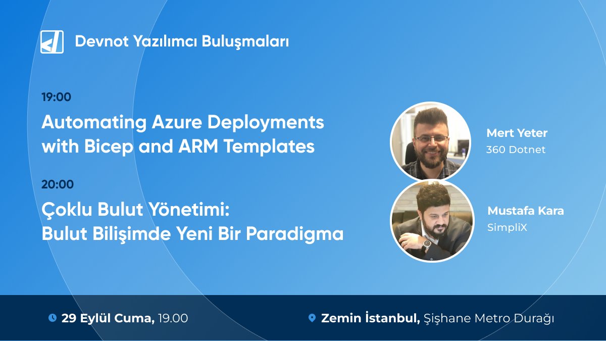 #Azure #MVPBuzz @mustafakara01 ve @m3rtyeter , @devnot_ Yazılımcı Buluşmaları'nda 29 Eylül Cuma akşamı konuşmacı olacaklar. Detaylı bilgi ve kayıt için: kommunity.com/devnot/events/… #mshowto #devnot