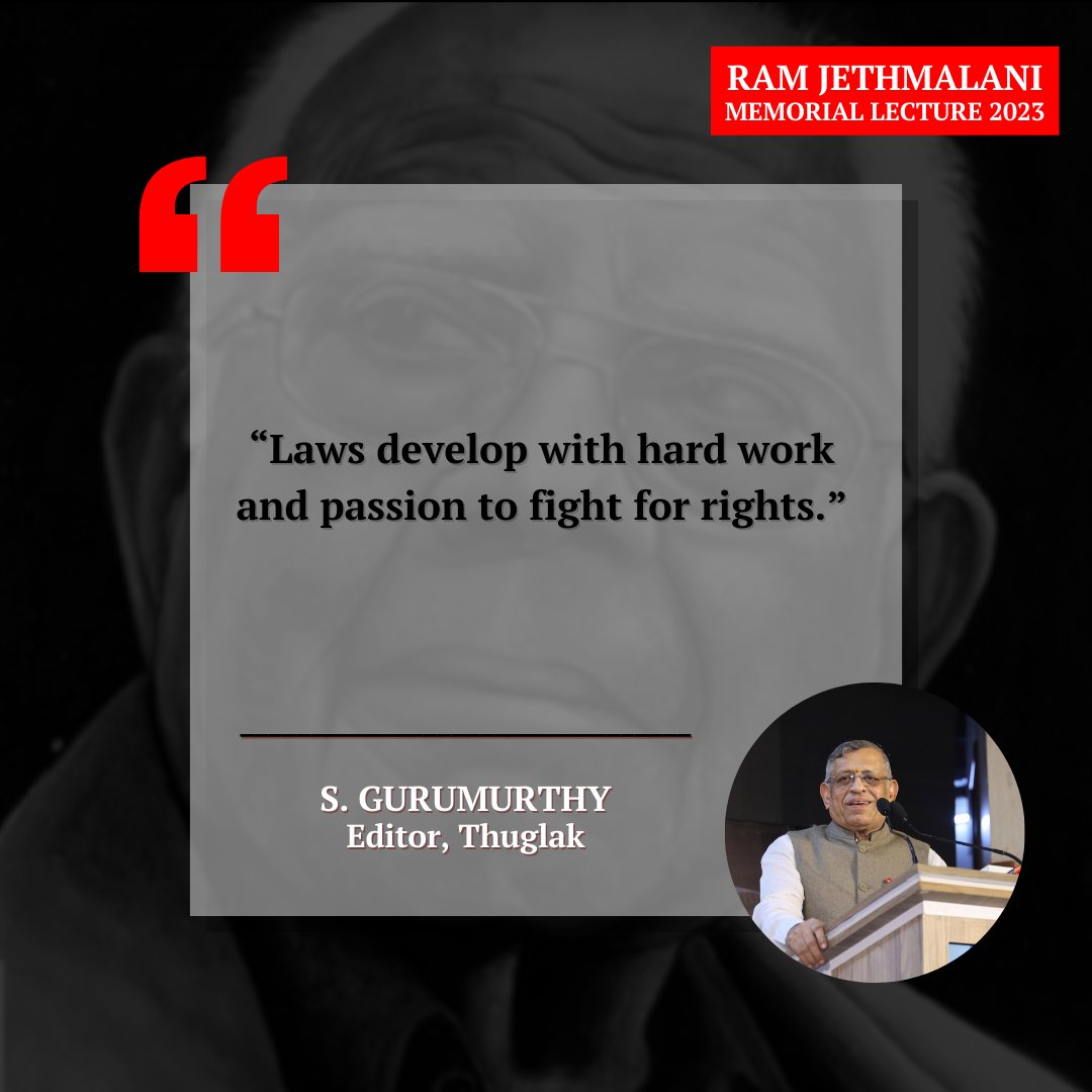 RJMLecture's tweet image. “Laws develop with hard work and passion to fight for rights.”
- S. Gurumurthy, Editor, Thuglak

@JethmalaniM
#RamJethmalani #RamJethmalaniMemorialLecture