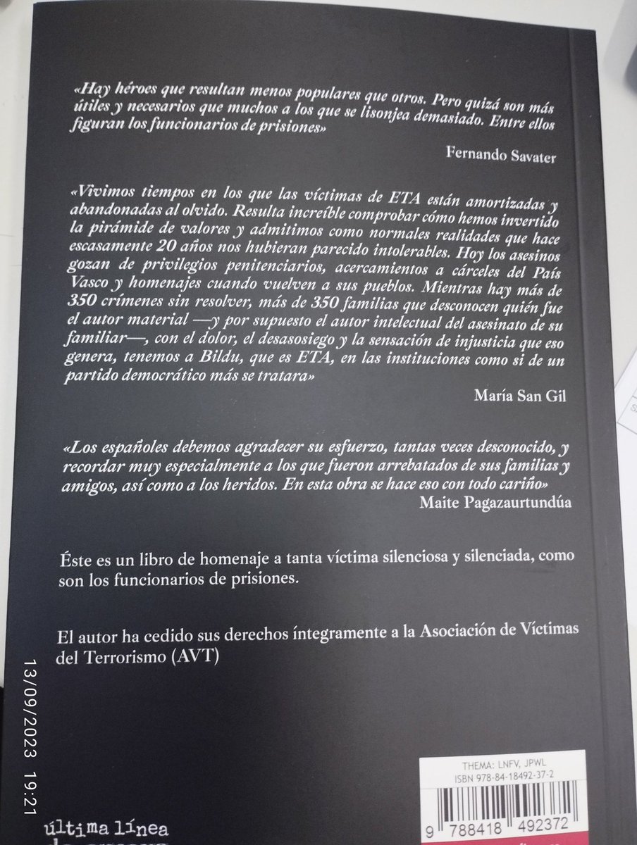 Buenos días. 
Mañana en la Librería LÉ, 19.00 h. Avenida Alberto de Alcocer 8, en Madrid, presentaré el libro HÉROES PENITENCIARIOS. Un Recuerdo, Tributo, Homenaje y un infinito cariño a mis compañeros asesinados por ETA. 

#sosprisiones
<a href="/IIPPGob/">Instituciones Penitenciarias</a> 
<a href="/gonzalosicharm/">Gonzalo Sichar Moreno</a> <a href="/EdUltimaLinea/">Última línea</a>