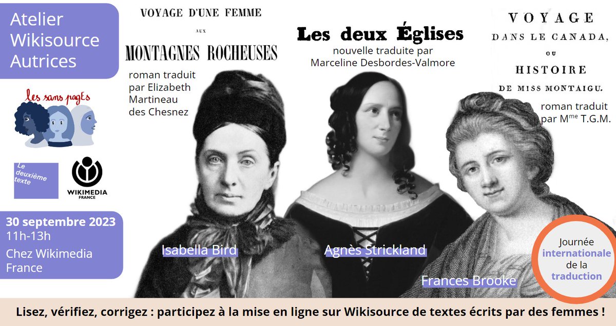 Éditathon parisien <a href="/lessanspagEs/">les sans pagEs 💪🏾🧙‍♀️🏳️‍🌈</a> ce samedi, accueilli chez <a href="/Wikimedia_Fr/">Wikimédia France</a> : <a href="/wikisource_fr/">Wikisource</a> le matin avec nous, <a href="/Wikipedia_fr/">Wikipédia en français</a> l'après-midi !
Le programme du matin, spécial #Journéeinternationaledelatraduction : fr.wikisource.org/wiki/Wikisourc… <a href="/SFTfr/">SFT</a> <a href="/atlftraducteurs/">ATLF_traducteurs</a> <a href="/UNDGACM_FR/">ONU DGACM</a>