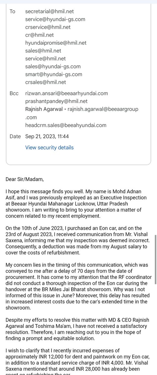 @beeaarhyundai @HyundaiIndia @About_Hyundai @AnPuneet @hyundaijaychang @Hyundai_Global @Hyundai_UK @HyundaiEurope @Hyundaiindia1 Still not getting any solution as on 21/09/2023 HMIL also said that we are not getting any response from Rajnish Agarwal sir's side.
@timesofindia