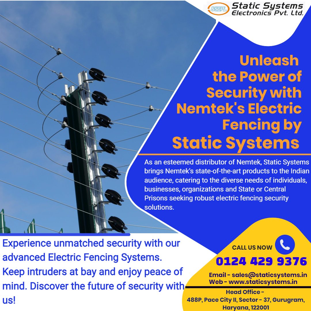 Static Systems provide Services, Consultation, Supply & Distribution in India.

#SecuritySolutions #Nemtek #staticsystems #SafetyFirst #ElectricFence #BusinessSecurity #Innovation #BurglarProtection #ElectricFencing #ElectricFencinginPrison #HomeSecurity #prisonersafety