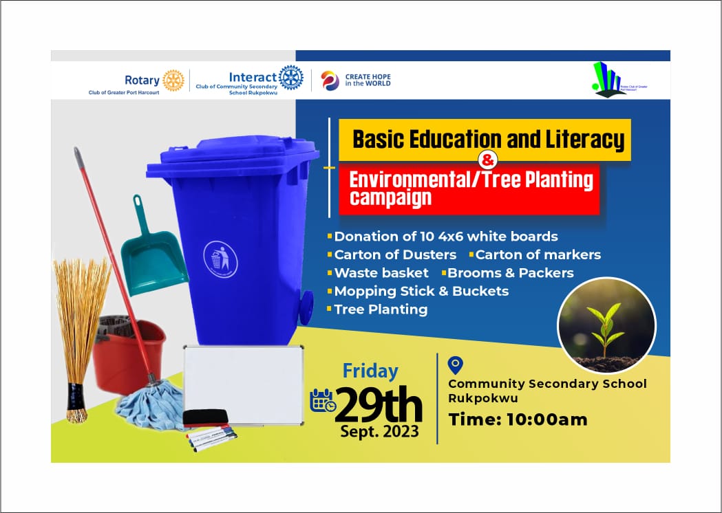 Rgreaterph's tweet photo. Dear Friends, 
Join our club, Rotary club  of Greater Port Harcourt as we carry out projects on the following Areas of focus;  Basic Education and Literacy, Environment and Community and Economic Development in our community to create hope.
Date - Friday, September 29, 2023 https://t.co/kX09DmXBf4