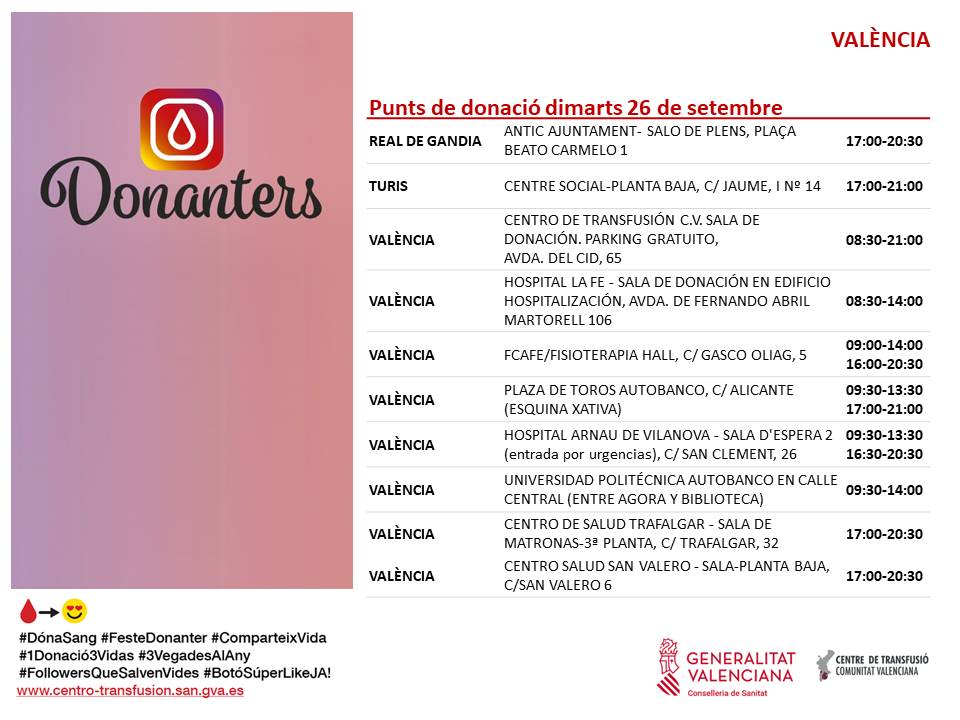 📆 Punts de donació dimarts #26setembre #València

Per a tractaments oncològics, intervencions quirúrgiques, trasplantaments...
👉La teua donació de sang és insubstituïble.

#DonaSang #1Donació3Vides ❤️