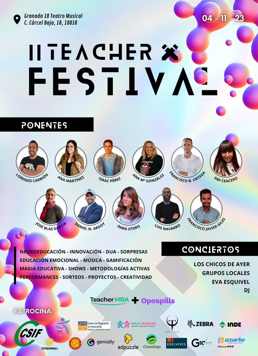 maestrocarlosef's tweet photo. Se acerca el gran día. IITeacherFest #Granada
📅4 nov
⏰11:00 h - 23:00 h
📍Granada10
¿Te lo vas a perder?
Espero verte allí 🚀💫
Echa un👁️al tráiler de la 1ª edición:
https://t.co/BKjxfYfVzp
Consigue tu entrada:
https://t.co/0PQyxnv9Xw
#teacherfest @opospills @TeacherMBA https://t.co/mgtDsEIAtS