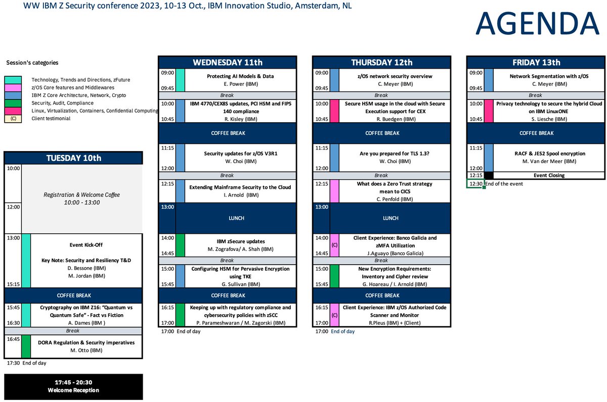 yannicklefloch's tweet image. The final agenda of the @IBMZ Security Conference #IBMZSEC in IBM Innovation Studio Amsterdam, Oct. 10-13 2023