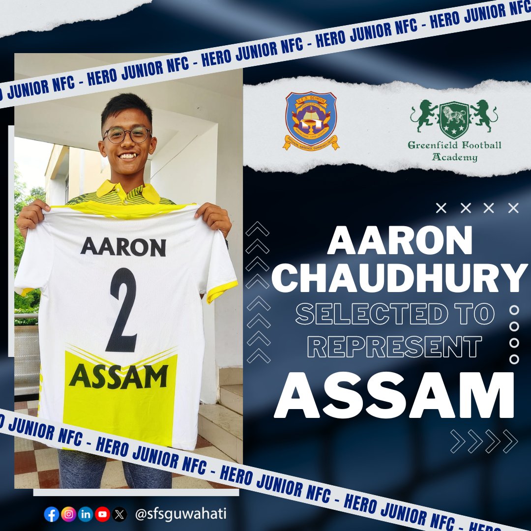 Exciting news! Our student, Aaron Chaudhury, will represent Assam in the Hero Junior Football National Championship in Jabalpur, Madhya Pradesh. 

#AssamRepresent #JuniorFootballChampionship 📷📷 #HeroJuniorFootball #RepresentingAssam #Sfs #Sfs23 #SfsGuwahati #SfsSchool