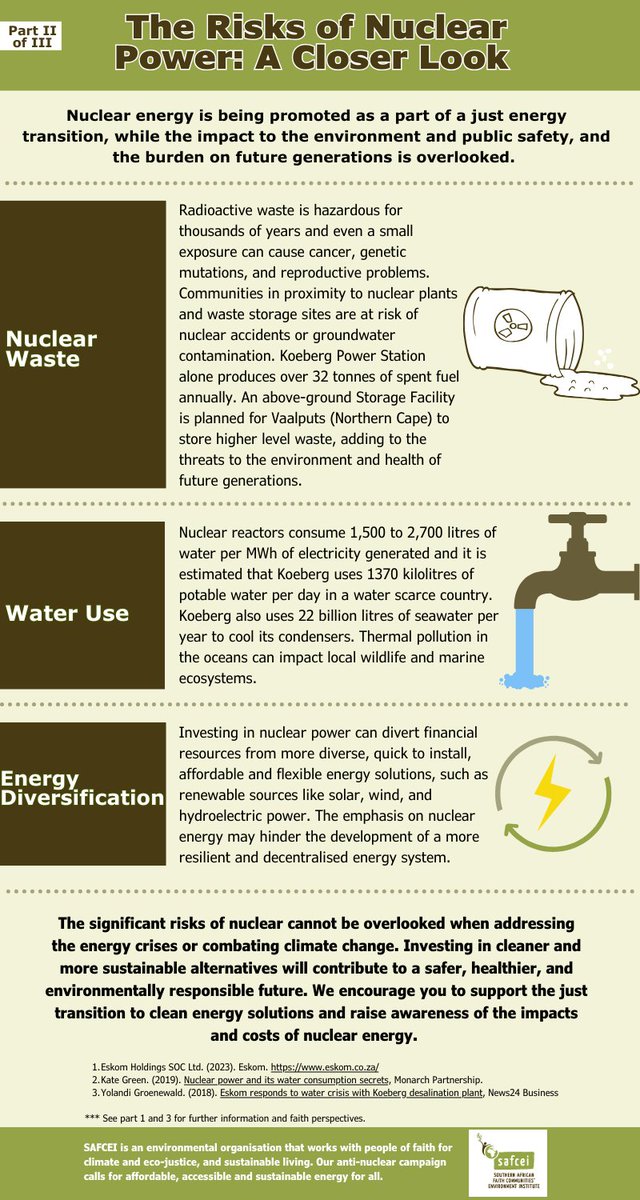 SAFCEI's tweet photo. This week we share the second part of our infographic on The Risks of Nuclear Power.
Look out for part three next week!
See part two online here: https://t.co/QYx3Il4FHt
Afrikaans and IsiXhosa resources will be available soon.
#EnergyPlan4All #NuclearFreeSA #JustEnergyTransitio https://t.co/szauwRxVXv