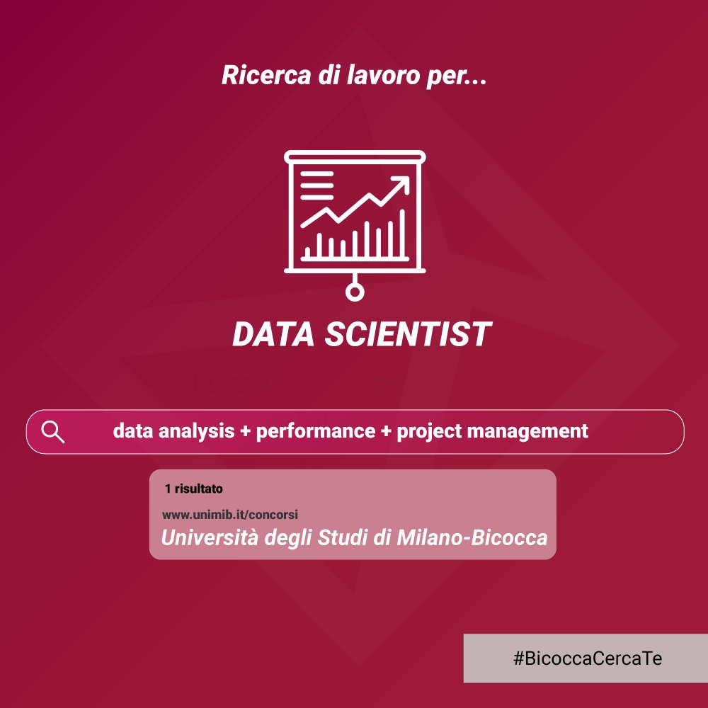 unimib's tweet photo. Sei abile con i numeri, l'analisi dei dati e conosci software e linguaggi di programmazione? 
💻 L'area dei Sistemi Informativi cerca un data scientist!
Scadenza: 19 ottobre
ℹ️ https://t.co/VLt9TVQkid
#BicoccaCercaTe https://t.co/Eakgrm7BzS