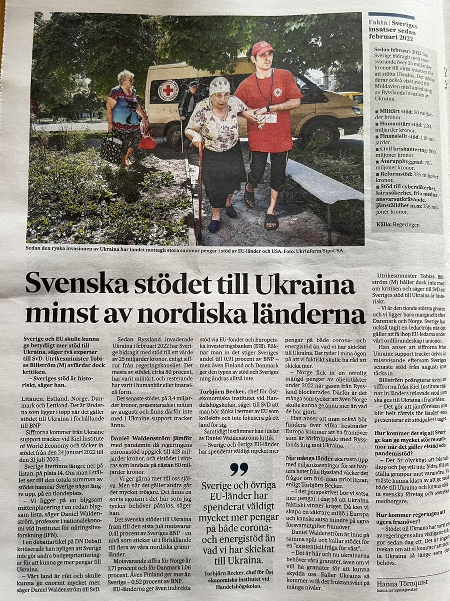 Frågan om Ukrainastödet engagerar. Jag skrev häromdagen på DN Debatt att Sverige kan ge mer stöd om vi vill. Gensvaret på min artikel har varit massivt. @dn_ledare och @Diledare lyfter frågan, @SvD skrev helsida. Jag hoppas och tror att även våra politiker tar intryck.