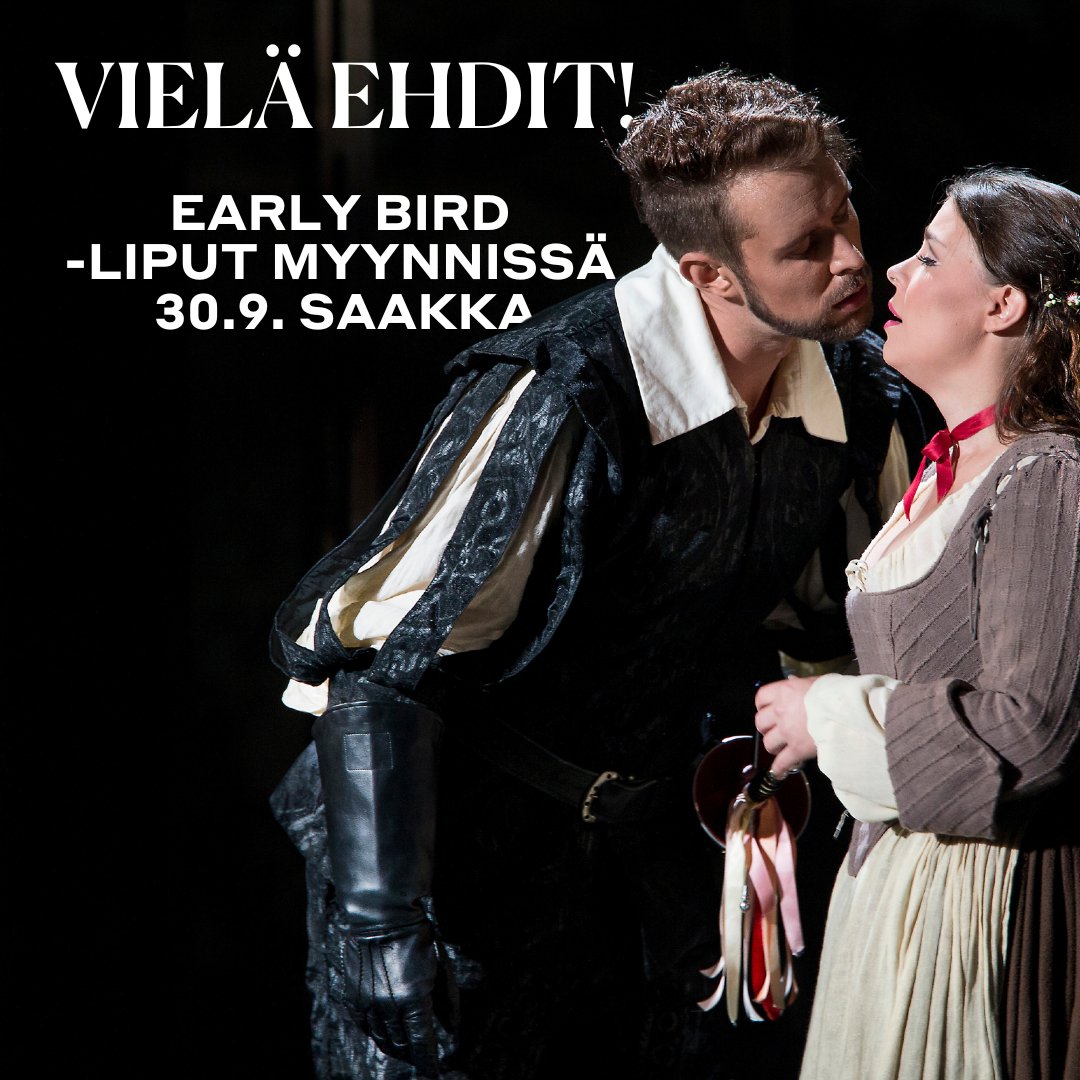 Vielä on aikaa hankkia ensi kesän oopperaliput etuhintaan, sillä early bird -liput ovat myynnissä la 30.9. saakka. 🥳 Lisätietoja ja liput 👉 operafestival.fi/kesa2024/
