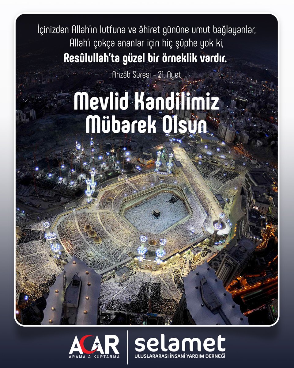 "İçinizden Allah’ın lutfuna ve âhiret gününe umut bağlayanlar, Allah’ı çokça ananlar için hiç şüphe yok ki, Resûlullah’ta güzel bir örneklik vardır." Ahzâb Suresi - 21. Ayet

Mevlid Kandilimiz Mübarek Olsun

#kandil #mevlidkandili #peygamberimiz