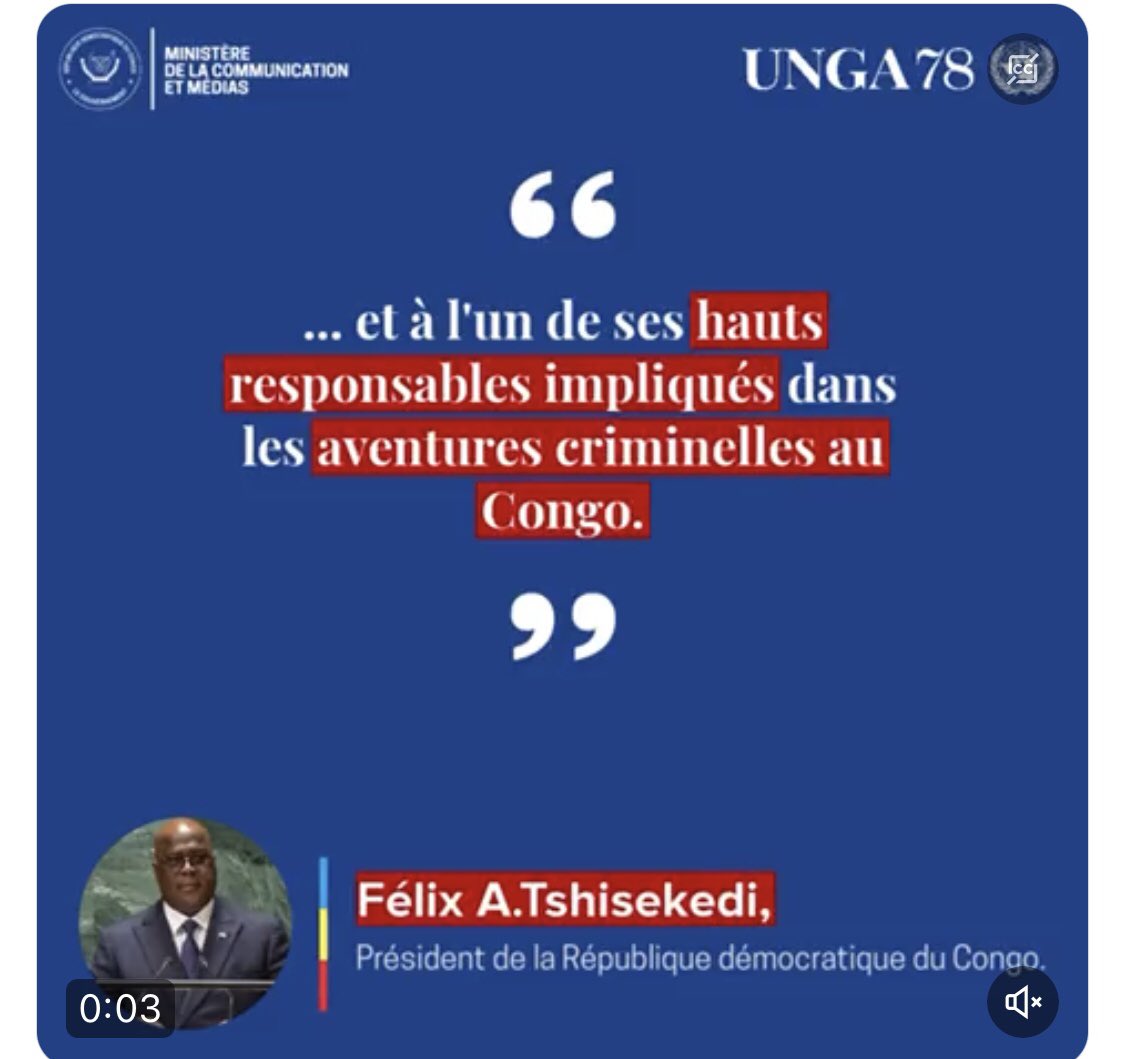 78eme Assemblée générale des @ONU_fr Allocution du président de la République : #Tempsfort du discours du Chef de l’Etat @fatshii13 qui a salué les sanctions du gouvernement américain contre le #Rwanda, à la tribune de l’#AGNU78.
()