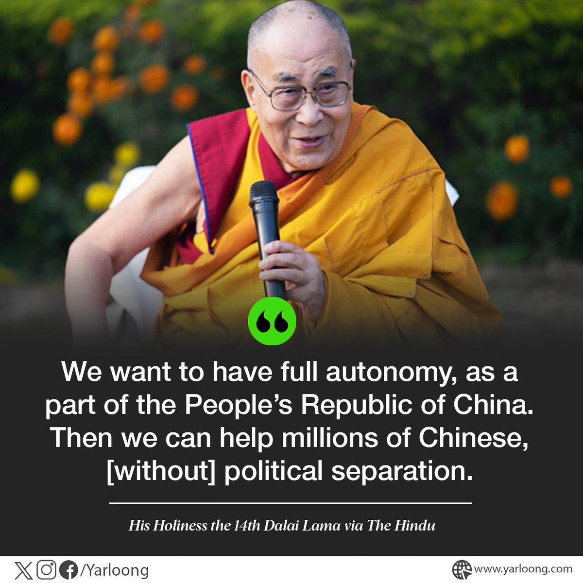 yarloong's tweet photo. His Holiness the @DalaiLama recently clarified #Tibet's position, stating a desire for increased autonomy while ruling out political separation from #China. #DalaiLama #TibetAutonomy #MiddleWay https://t.co/vOanvc5Eeu