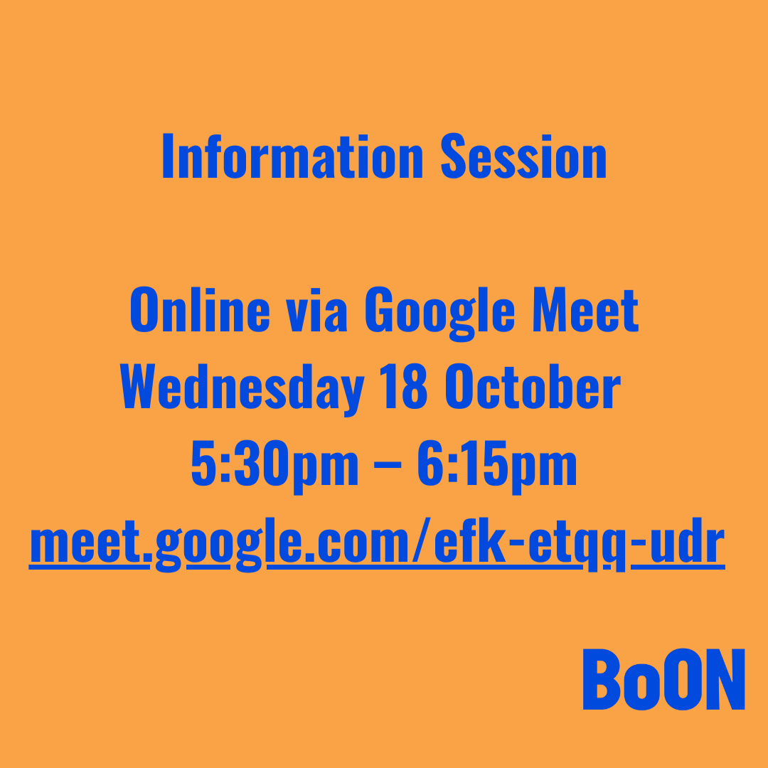 Boon Arts is looking for volunteer tour guides for a new, exciting upcoming festival!!
Come along to the info session at Hamilton Central Library!
Sat 14 Oct
11am - 12noon
or
Join our Online Info Session!
Wed 18 Oct
5:30pm – 6:15pm
meet.google.com/efk-etqq-u
