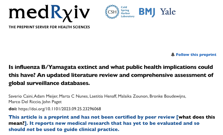 Publication of a pre-print on the global status of influenza B-Yamagata

medrxiv.org/content/10.110…

Includes a literature review and additional data sources

Many thanks to all involved

Follow up to:
eurosurveillance.org/content/10.280…