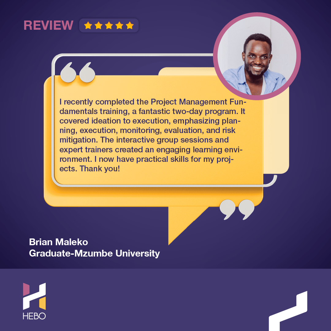 #BrianMaleko, a graduate of @ChuoKikuuMzumbe, shares his positive feedback on our Project Management Fundamentals training. Elevate your career with our diverse training programs! Visit hebogroup.com to upskill your project management skills today. 💼✨ 
#HEBOConsult