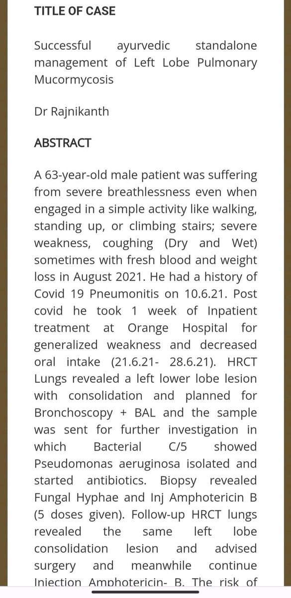 Rajnikant0257's tweet photo. Happy to share that my two case studies (successful management of Oesophagus necrosis and left lobe Pulmonary mucormycosis with Ayurveda treatment)has been published on AyurCel platform,which is funded By Ministry of AYUSH, Government of India and in collaboration with Amrita School of Ayurveda,Kerala, India...

⏩Link of the platform where everything in detail About case including medicines, investigation etc are there 

⏩1)https://t.co/nbolmlJH0E

⏩2)https://t.co/LB9NU4tEII

Dr.Rajnikant Patel
Agnivesh Ayurved Hospital
Surat, INDIA

#Ayurveda 
#MedX 
#MedTwitter