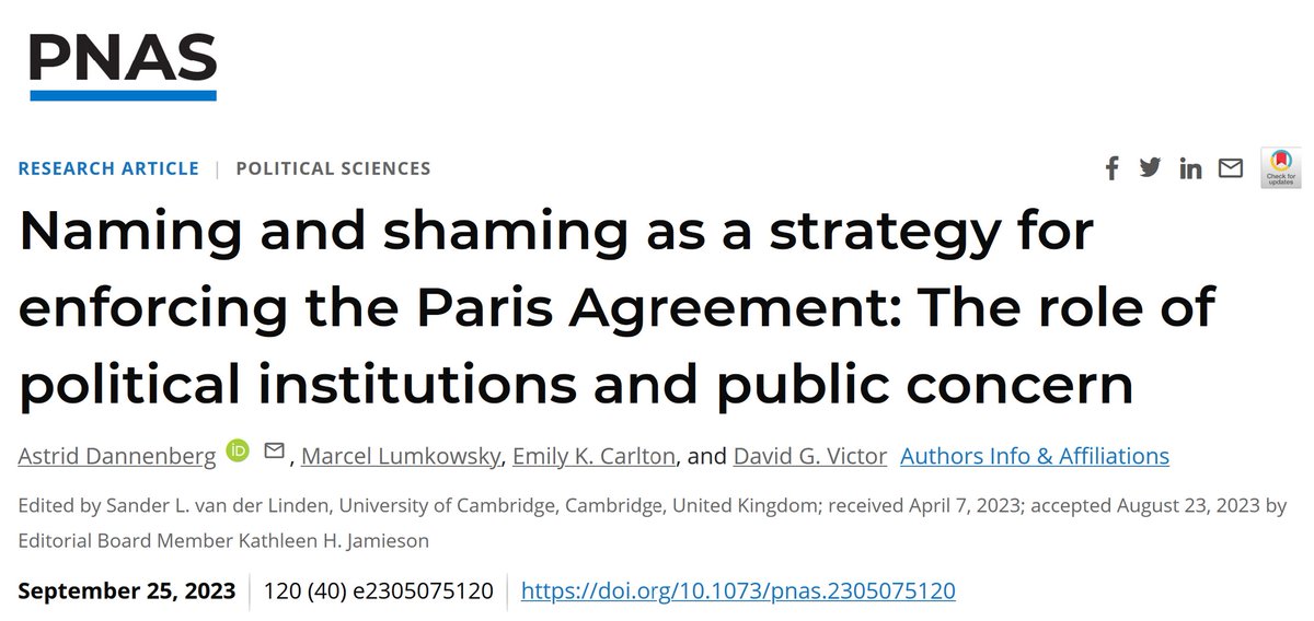 The #ParisAgreement relies on “naming &amp; shaming” as enforcement mechanism. Does it work? What factors matter? New research with Marcel Lumkowsky, Emily Carlton, David Victor in <a href="/PNASNews/">PNASNews</a>
pnas.org/doi/10.1073/pn…
Key findings 🧵