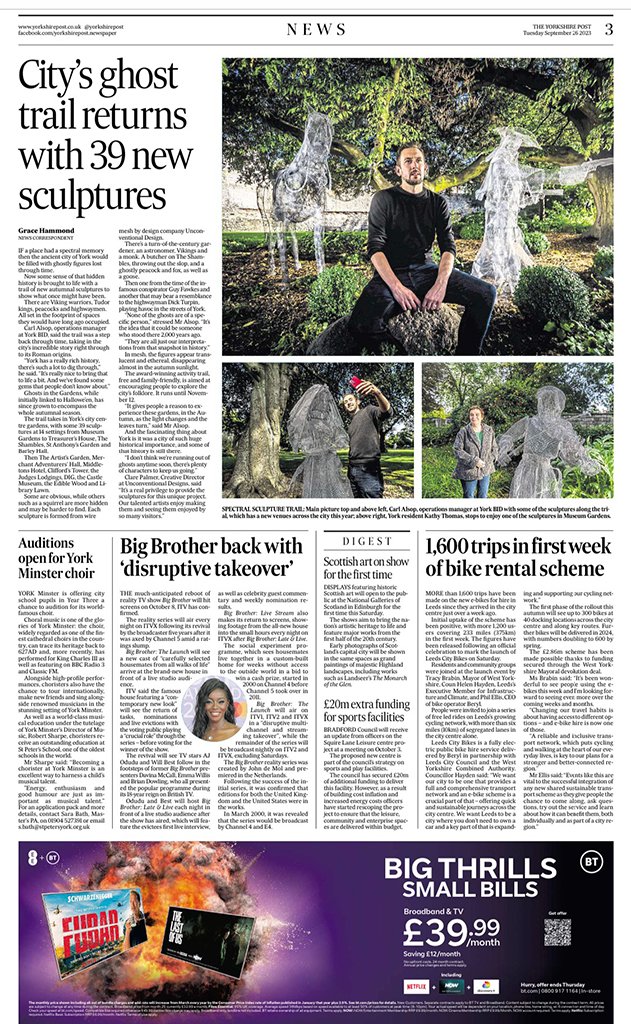 Today's #YorkshirePost for the very impressive #Artwork #GhostsInTheGardens a popular #Autumn #trail that sees #ghostly #figures residing in #York's beautiful city centre gardens. See more @yorkshirepost @YPinPictures #video #pictures @jonmillsphoto @BenJonesPicEd @theyorkbid
