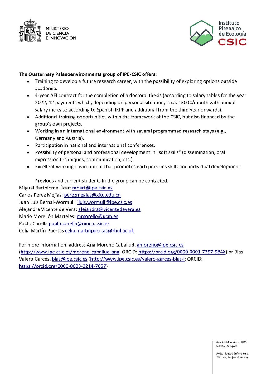 No os perdáis esta oferta de doctorado en Paleoclima con nuestros colegas del <a href="/IPE_CSIC/">Instituto Pirenaico de Ecología</a> <a href="/amoreno_ana/">Ana Moreno Caballud</a> 
**Don't miss out this PhD contract opportunity in Paleoclimate
#caves #lakes #GDGTs #Clumpedisotopes