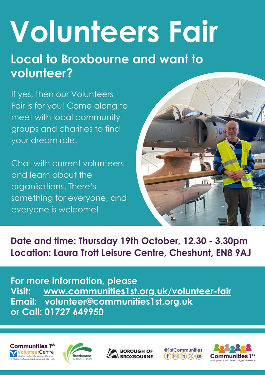 BroxAlliancePCN's tweet photo. 🚨🚨CALLING ALL LOCAL RESIDENTS OF BROXBOURNE🚨🚨
Want to give back to the community? Have some free time and would like to do something with it? Want to meet new people? Look no further ⬇️⬇️⬇️⬇️
Come along to our #volunteers fair and explore what you can get involved in! https://t.co/mqbjLa9kHE