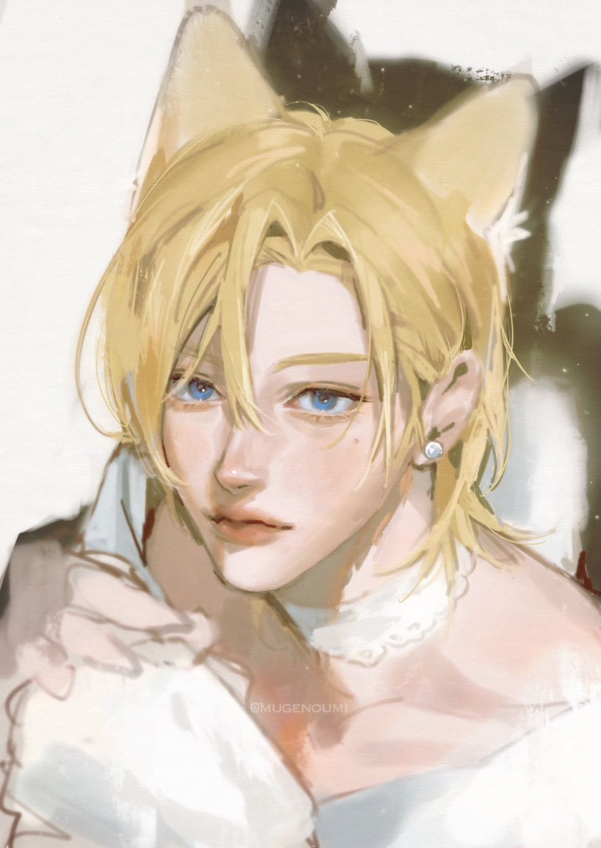 blonde hair blue eyes male focus 1boy animal ears jewelry solo  illustration images