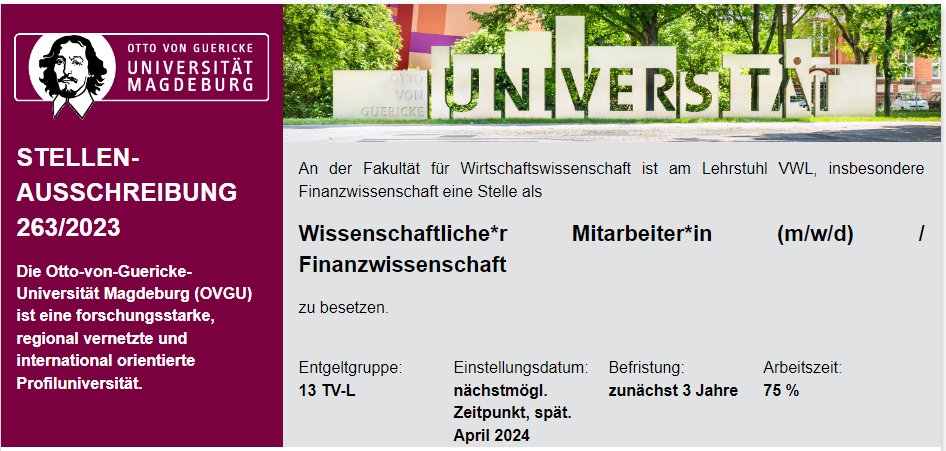 Interesse an Forschung und Lehre im Bereich Finanzwissenschaft, Arbeitsmarkt- und Sozialpolitik an der
<a href="/OVGUpresse/">Otto-von-Guericke-Universität Magdeburg</a> ? Wir suchen Verstärkung für unser Team! Bewerben Sie sich als wissenschaftliche*r Mitarbeiter*in: ovgu.b-ite.careers/jobposting/a00…