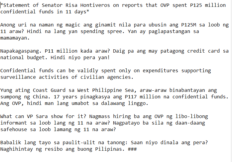 gmanewsbreaking's tweet photo. Senator Risa Hontiveros on Office of the Vice President's use of P125-M confidential funds in 11 days: "Napakagaspang. P11 million kada araw? Daig pa ang may patagong credit card sa national budget. Hindi niyo pera yan!" | via @HanaBordey https://t.co/b7oDO5Nhuh