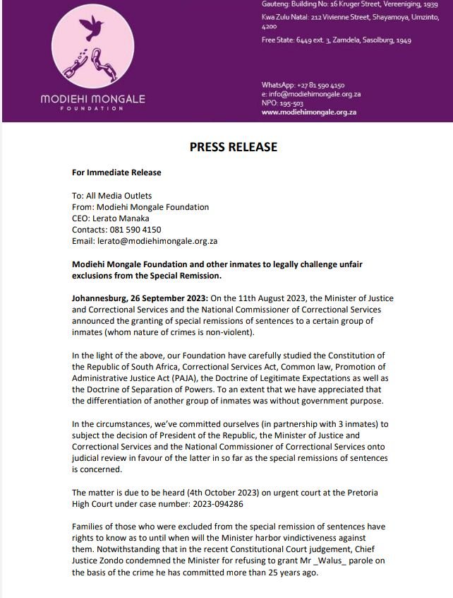 ModiehiMongale's tweet photo. PRESS RELEASE
For Immediate Release
To: All Media Outlets
From: Modiehi Mongale Foundation

Modiehi Mongale Foundation and other inmates to legally challenge unfair 
exclusions from the Special Remission. https://t.co/zbTRNtv085