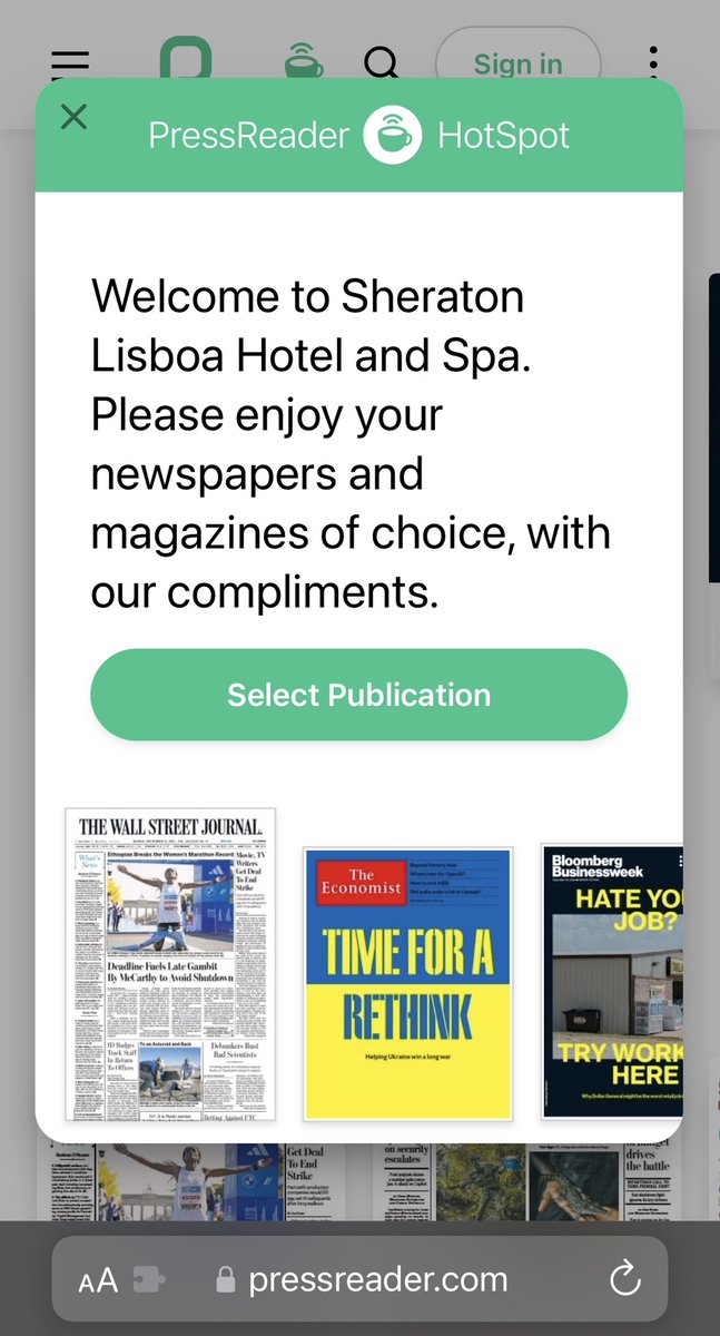 Bom dia de Lisboa! 🇵🇹 

It looks like I’m staying at the right hotel 😊. Love  to see <a href="/PressReader/">PressReader</a> when traveling around the world.

First day of World Aviation Festival ✈️ , let’s go!

@SheratonLisboa 
<a href="/airlinesblog/">World Aviation Festival</a> 

#airlines #PaxEx #IFE