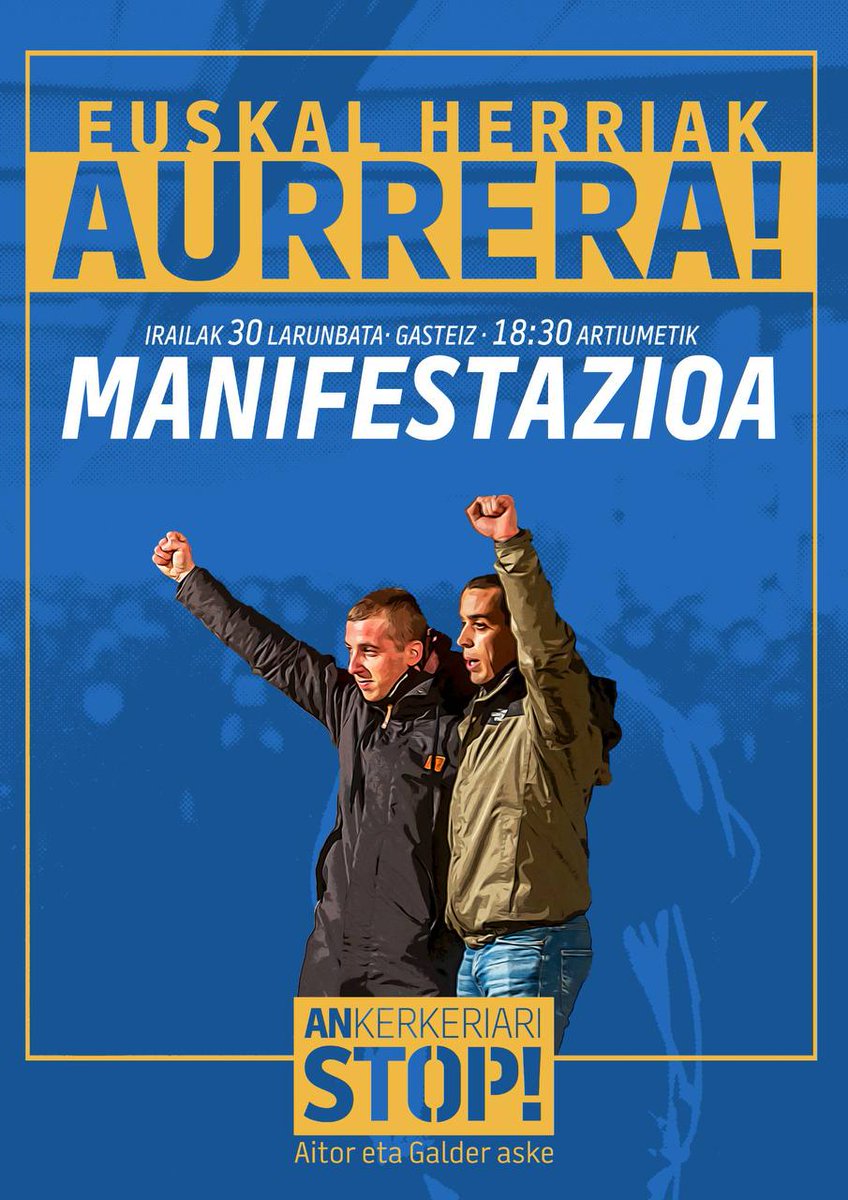 ▪️ Larunbatean Gasteizko kaleak beteko ditugu: Aitor eta Galderren askatasunaren alde eta Euskal Herriak aurrera egin dezan. 

Ez galdu hitzordua eta gerturatu Judimendiko Sefarad plazatik aterako den gazte blokera!

#EzDuguOnartzen
#ANkerkeriariSTOP