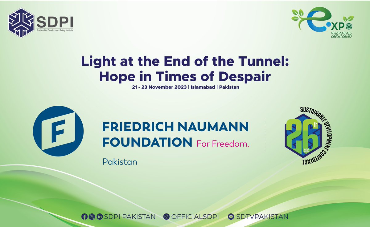 SDPIPakistan's tweet photo. 🤝 𝗣𝗮𝗿𝘁𝗻𝗲𝗿𝘀𝗵𝗶𝗽 𝗔𝗻𝗻𝗼𝘂𝗻𝗰𝗲𝗺𝗲𝗻𝘁 
🌟 We are delighted to announce that @FNFPakistan has joined us as a
🌟 Partner" for the 26th Sustainable Development Conference  
 Save the dates: Nov 19-20 (Expo) and Nov 21-23 (Conference). #SDC2023 https://t.co/A8dG1ATy7Y