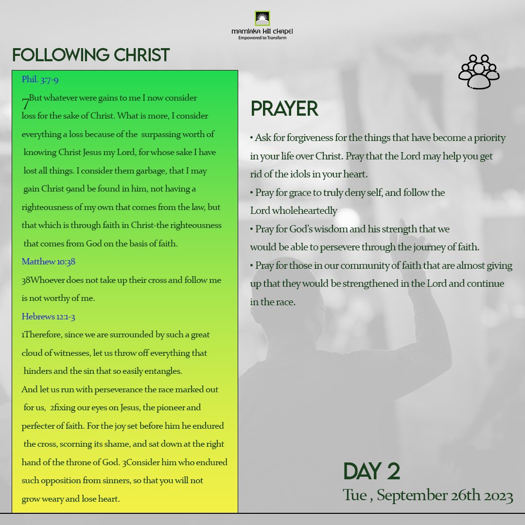MamlakaChapel's tweet image. 👣 Day 2 of our Prayer and Fasting week : Following Christ with Unwavering Faith 🙏🏼

In the footsteps of our Savior, we continue our Prayer and Fasting Week, focusing on the theme of following Christ. 
#FollowingChrist  #PrayerAndFastingWeek #prayerandfasting #prayerandfast