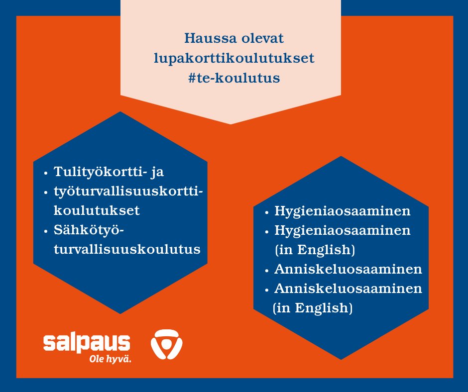Haussa  nyt  #TeKoulutus #Salpaus 

* Tulityökorttikoulutus 
* Työturvallisuuskorttikoulutus
Haku päättyy: 19.10.

* Hygieniaosaamiskoulutus (suomeksi ja in Enlish). Haku päättyy: 8.10.
* SFS 6002 Sähkötyöturvallisuuskoulutus . Haku päättyy: 1.10.