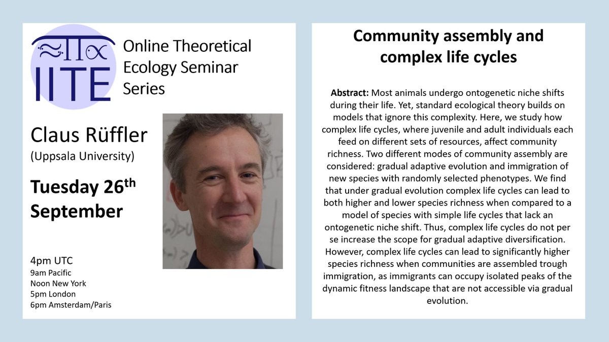 📢Our free online seminar returns today! Do join us when Claus Rüffler (Uppsala) will discuss: 🌟Community assembly and complex life cycles🌟 Open to all - get Zoom link and details: iite.info/seminar/ Check global times: timeanddate.com/worldclock/fix… We hope to see you there!