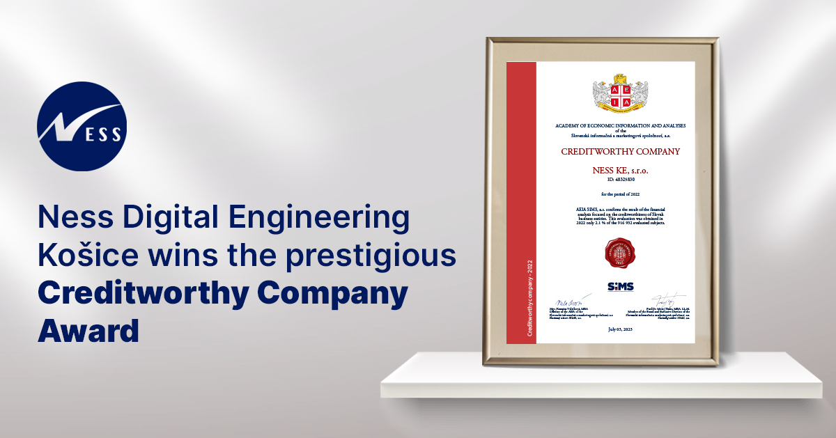 🏆 Ness Digital Engineering Košice has won the prestigious "Creditworthy Company" award two years in a row from the Academy of Economic Information and Analysis, featuring in the top 2% and reaffirming our status as the market's most reliable partner. 

#Award #Creditworthy