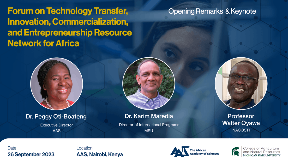 AASciences's tweet photo. AAS Executive Director Dr Peggy Oti-Boateng & MSU Director of International Programs Dr Karim Maredia give opening remarks at the Forum on Technology Transfer, Innovation, Commercialization, & Entrepreneurship Resource Network for Africa
#TechICE #Innovation #Tech
@michiganstateu https://t.co/LKJTsXLim2