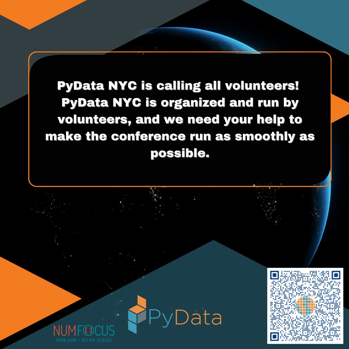 PyData's tweet image. PyData NYC is calling all volunteers! 

PyData  NYC is organized and run by volunteers, and we need your help to make the conference run as smoothly as possible. By volunteering, you will get free admission to the conference, an opportunity to connect with speakers, and a…