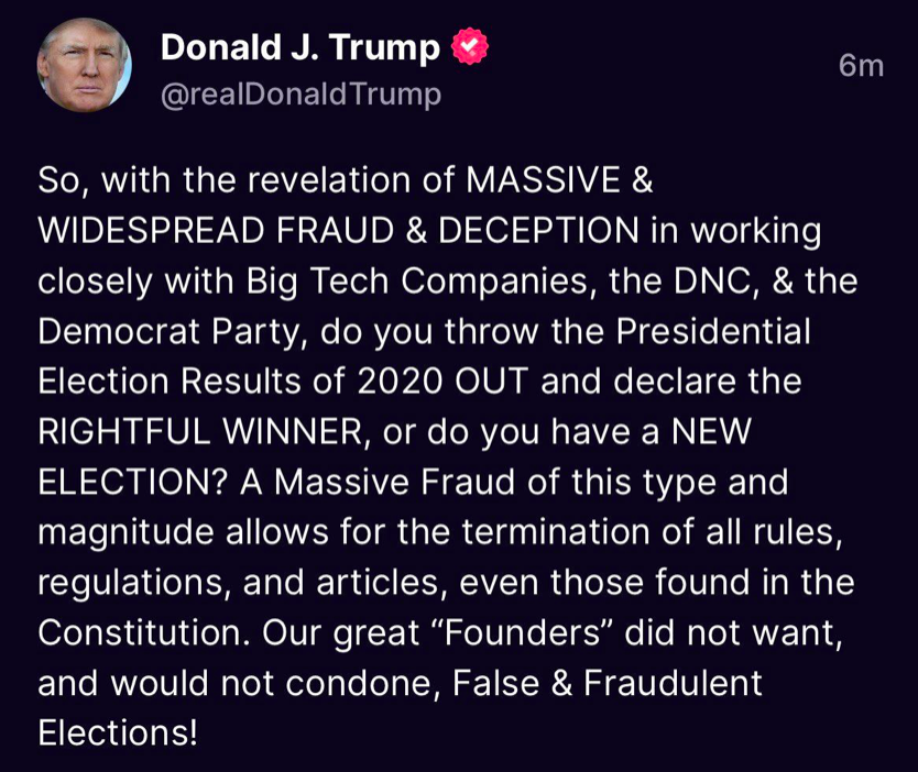 @BrainStorm_Joe Stealing an election is treason too. Now, since we know Space Force has the receipts.. Do 'we declare the RIGHTFUL WINNER'? OR 'have a NEW ELECTION'? IF President Trump is still CIC, wouldn't it only take a declaration? B424