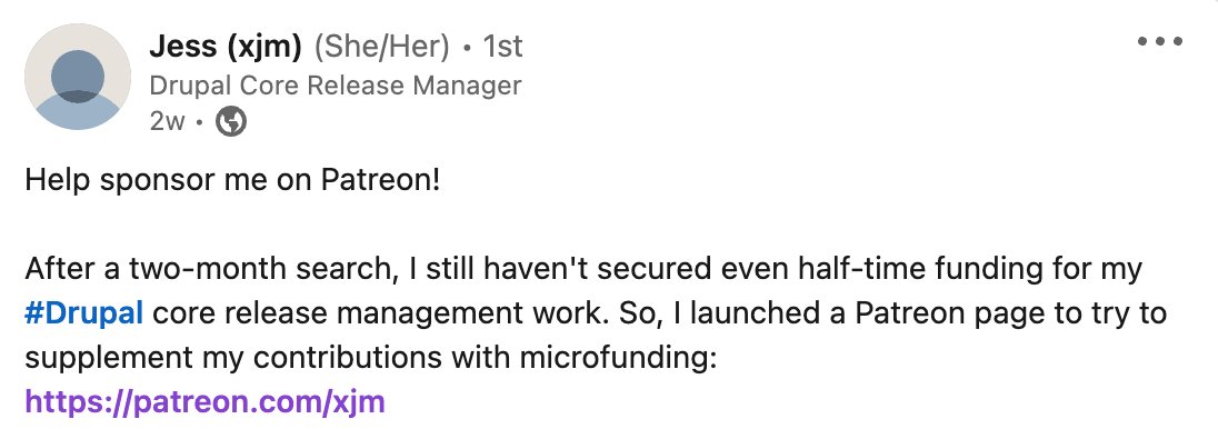 plach__'s tweet image. I just saw this post and immediately joined  patreon.com/xjm. It would just take a few hundreds #Drupal community members sponsoring a short code review to fund a significant chunk of @xjmdrupal&apos;s work. Let&apos;s just do it. 1/3